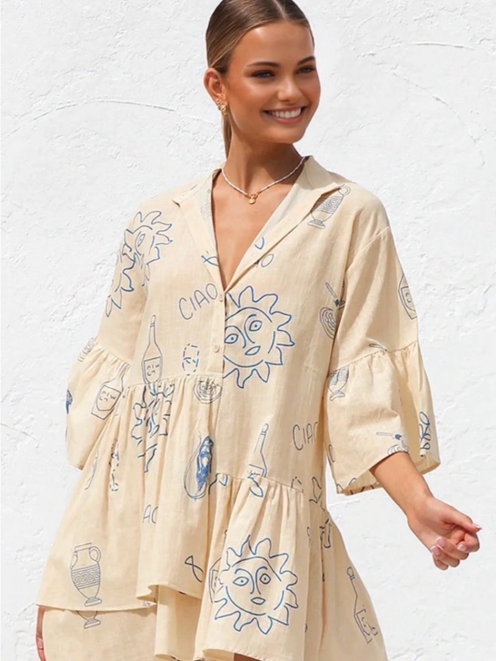 Commense Cream Tunic with Blue Sketch Print